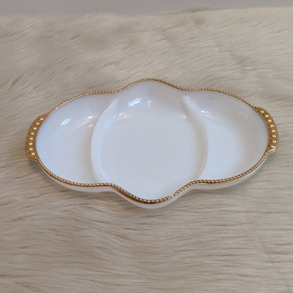 Vintage Dining Vintage Fire King Milk Glass Divided Dish With Gold